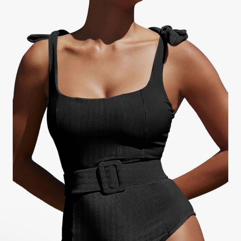 Black Ribbed One-Piece Swimsuit with Belt